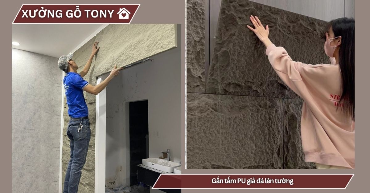 Gắn tấm PU giả đá lên tường
