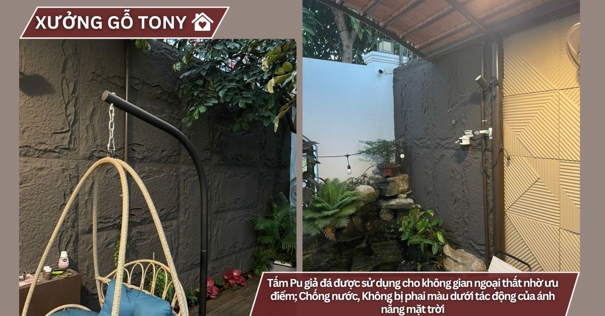 Tấm Pu giả đá được sử dụng cho không gian ngoại thất nhờ ưu điểm; Chống nước, Không bị phai màu dưới tác động của ánh nắng mặt trời