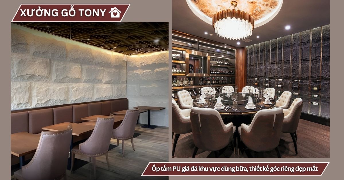 Ốp tấm PU giả đá khu vực dùng bữa, thiết kế góc riêng đẹp mắt