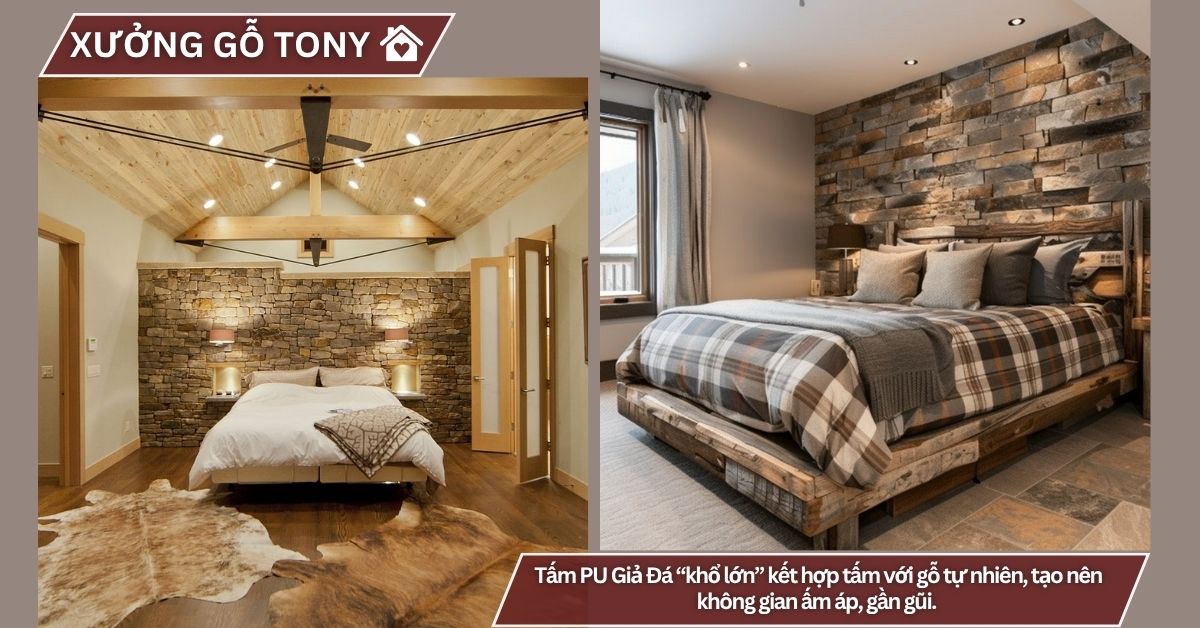 Tấm PU Giả Đá “khổ lớn” kết hợp tấm với gỗ tự nhiên, tạo nên không gian ấm áp, gần gũi