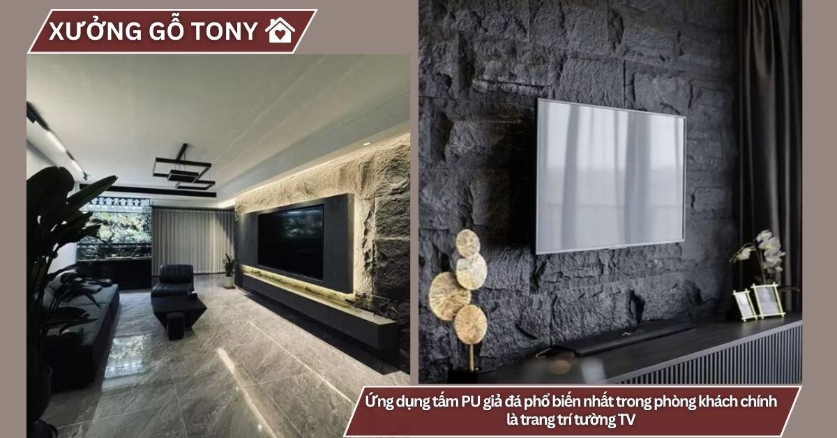 Ứng dụng tấm PU giả đá phổ biến nhất trong phòng khách chính là trang trí tường TV