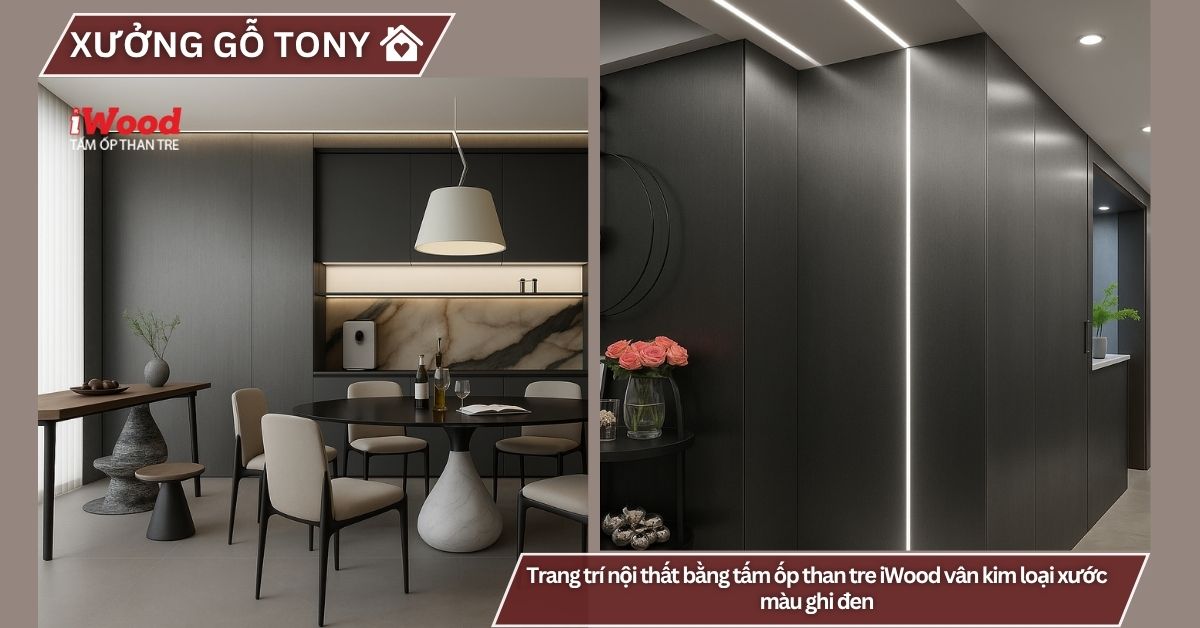 Trang trí nội thất bằng tấm ốp than tre iWood vân kim loại xước màu ghi đen 