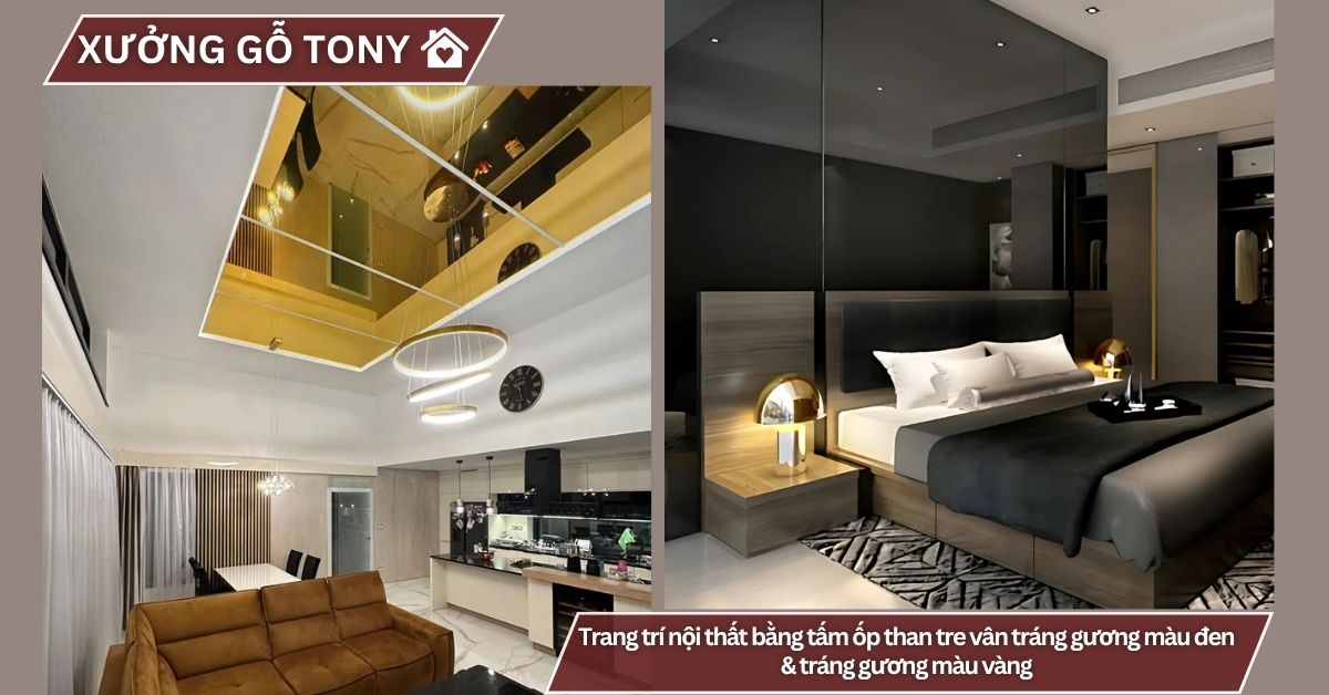 Trang trí nội thất bằng tấm ốp than tre vân tráng gương màu đen & tráng gương màu vàng