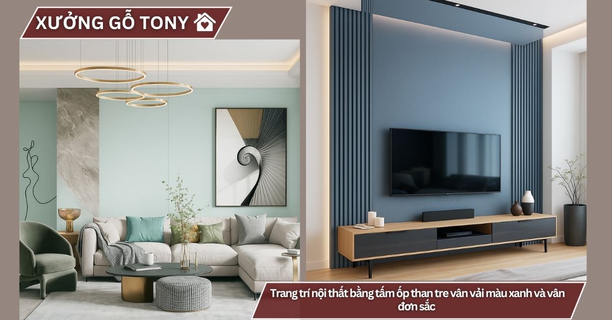 Trang trí nội thất bằng tấm ốp than tre vân vải màu xanh và vân đơn sắc 