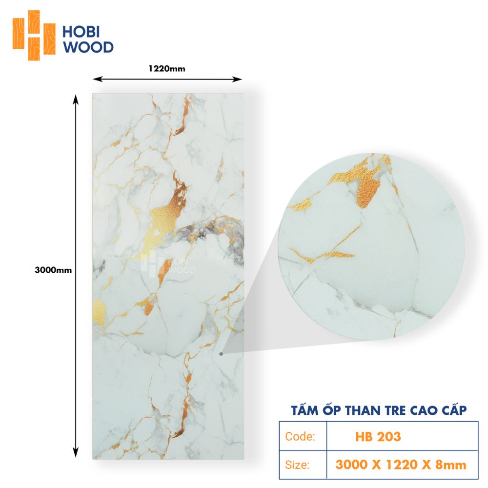 Tấm Ốp Than Tre Vân Đá Marble HB203 - Màu Trắng Vân Vàng Gold